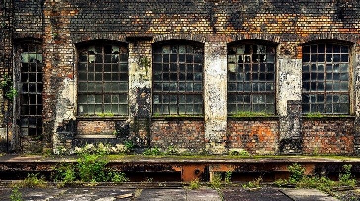 Verwitterte Backsteinfassade mit großen Sprossenfenstern eines alten Industriegebäudes